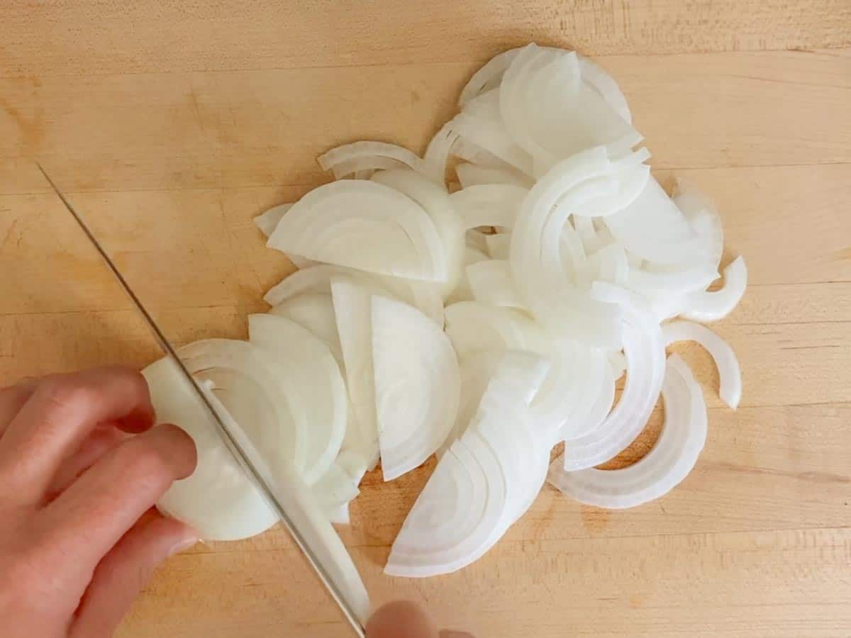 two onions sliced, ready to make caramelized onions