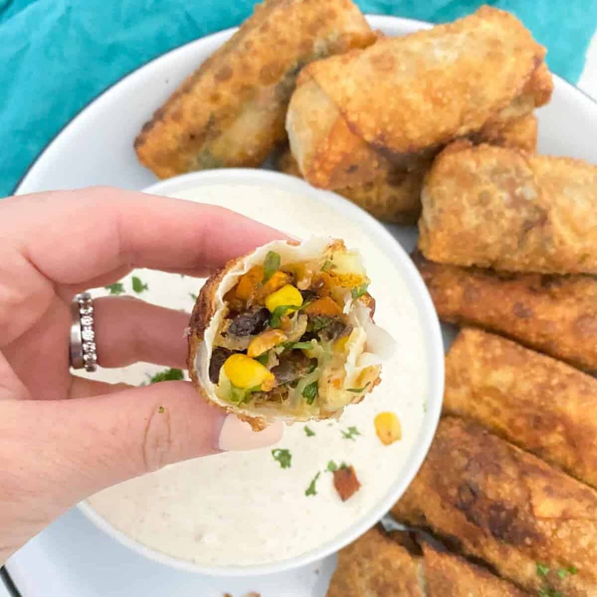 southwestern egg rolls served with dipping sauce