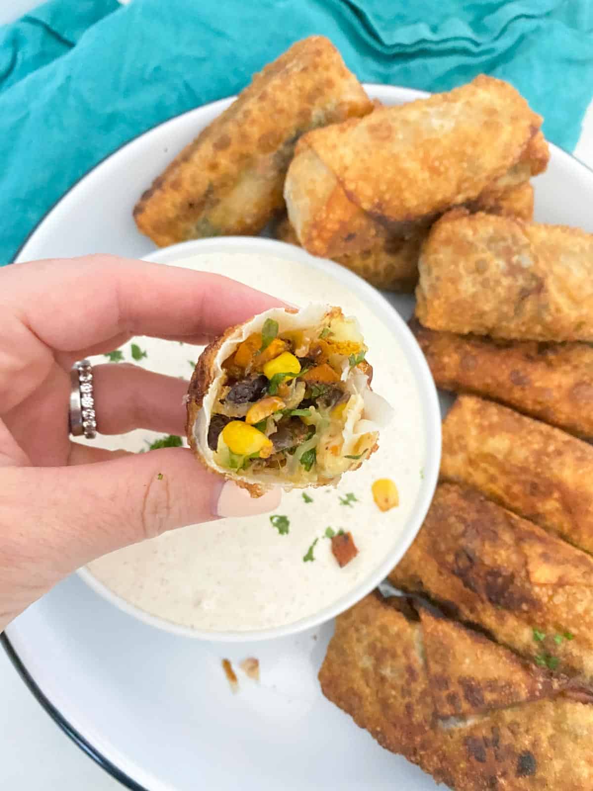 southwestern egg rolls served with dipping sauce