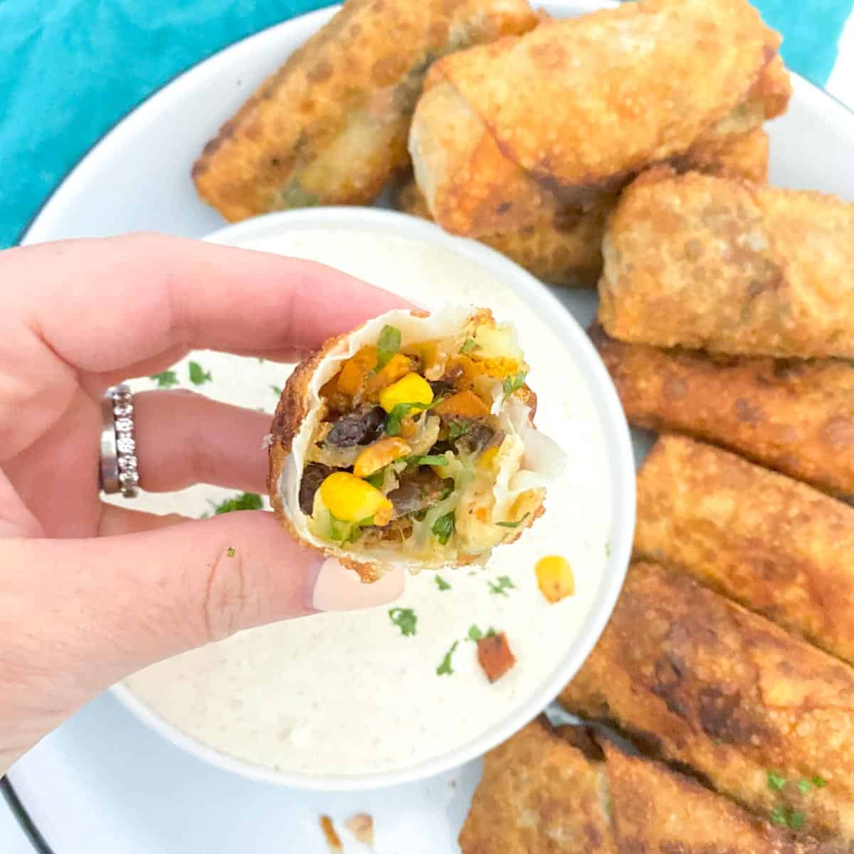 southwestern egg roll recipe served with dipping sauce