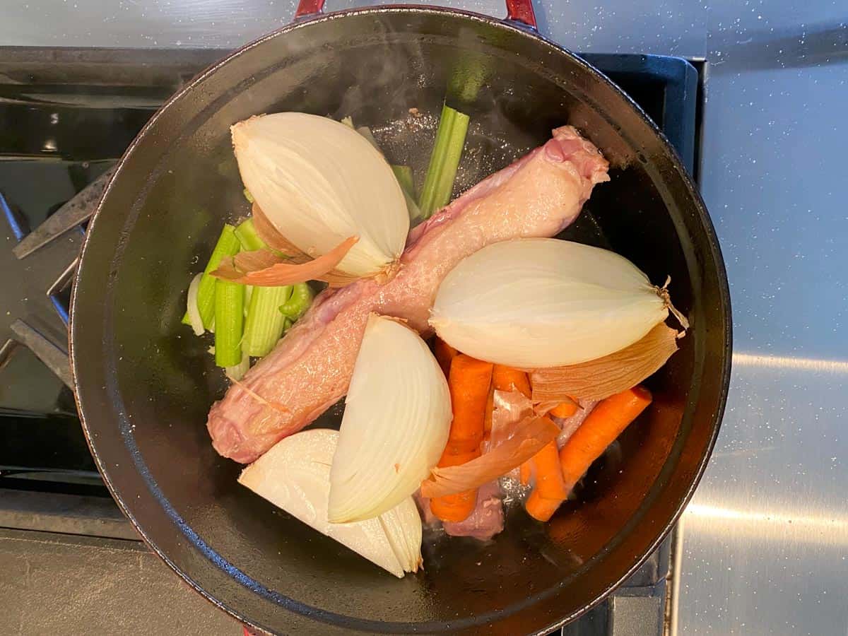 mirepoix in a stockpot to add flavor to turkey broth