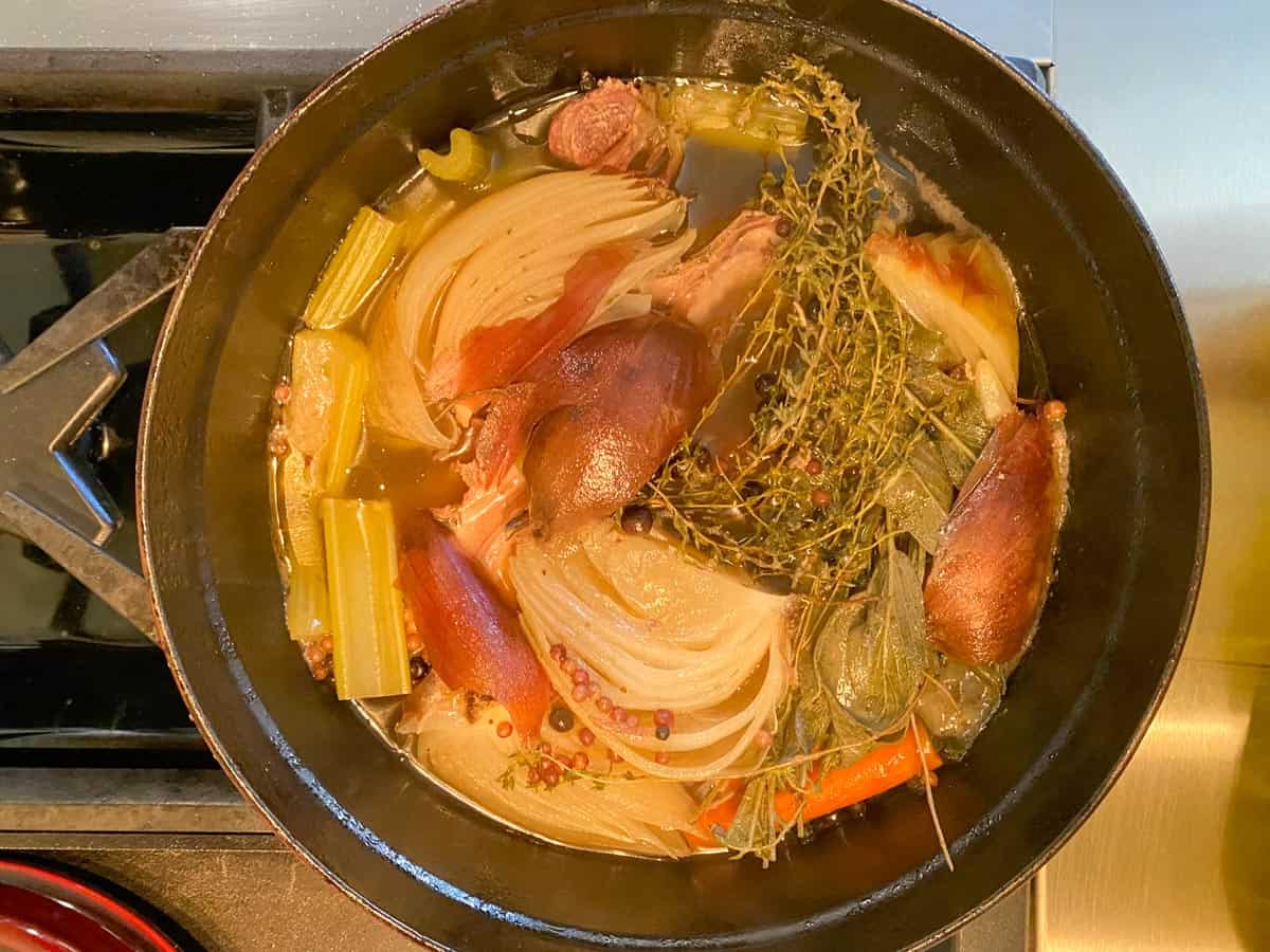 veggetables simmering in turkey broth