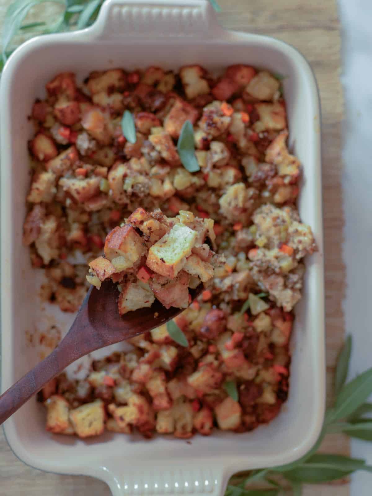 sausage apple stuffing in a baking dish