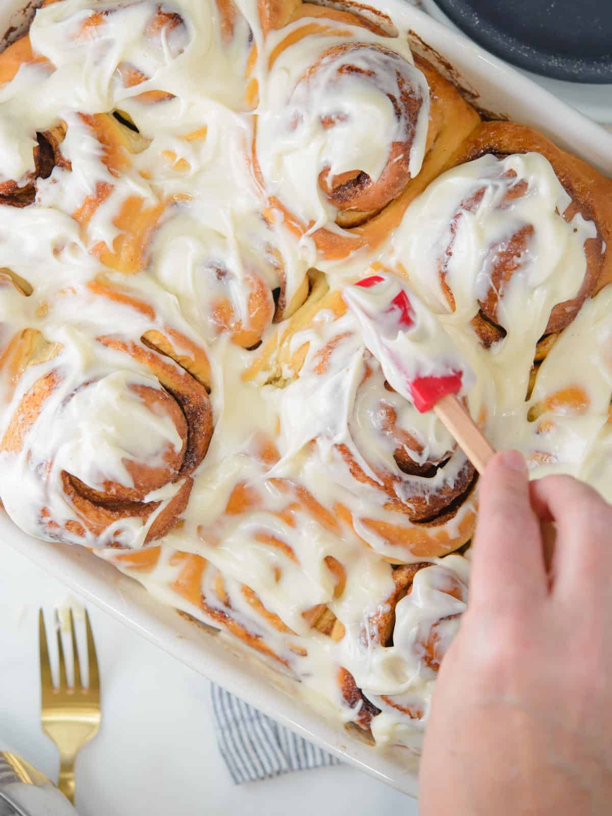 baking dish with homemade cinnamon rolls