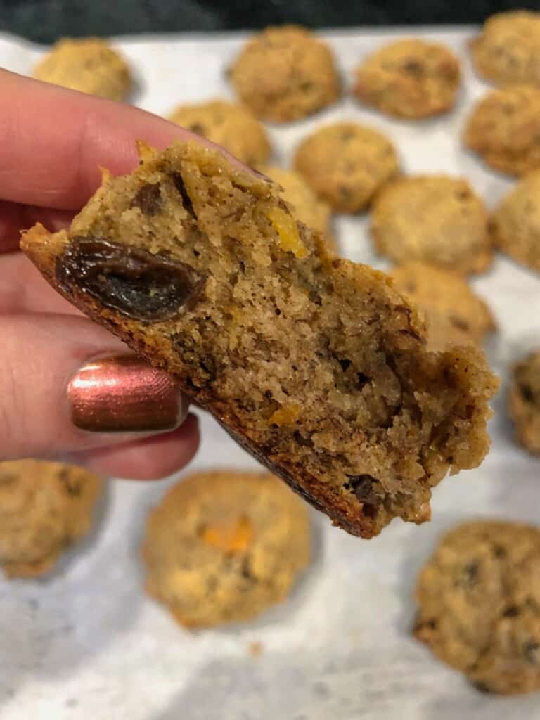 inside of persimmon cookies, made with raisins and walnuts