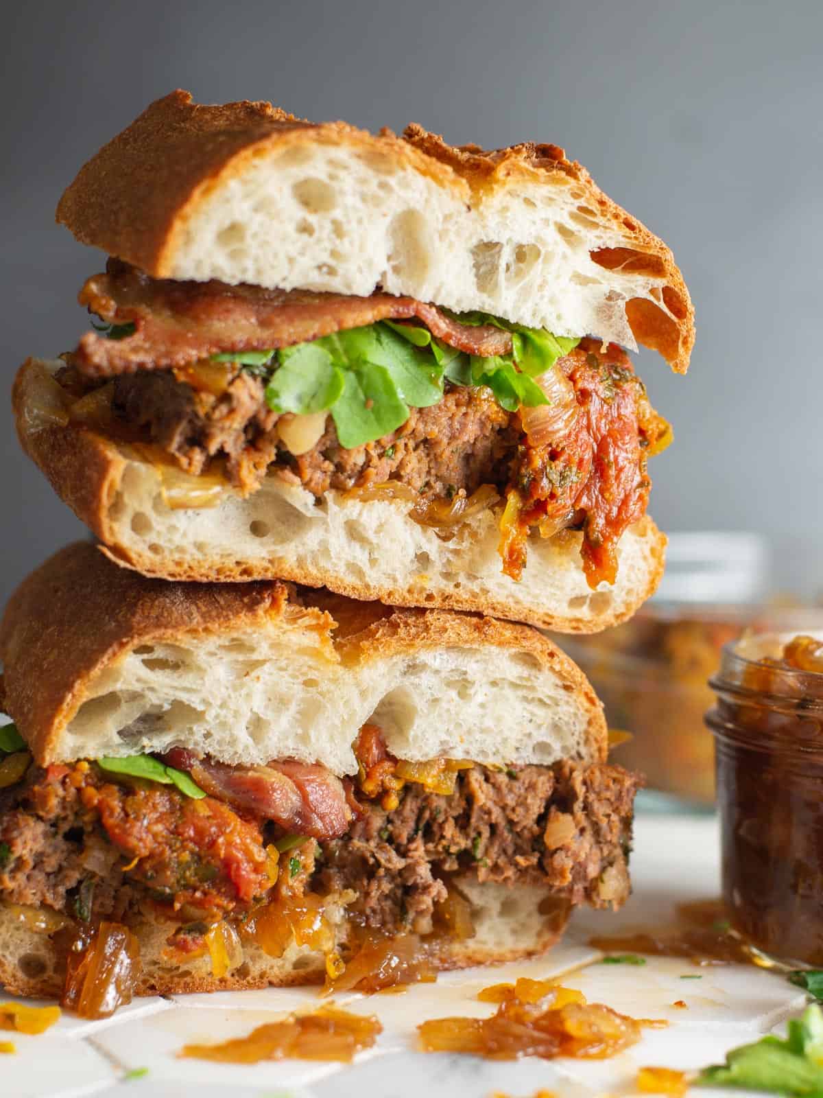 Meatloaf sandwich with bacon and onion jam. 