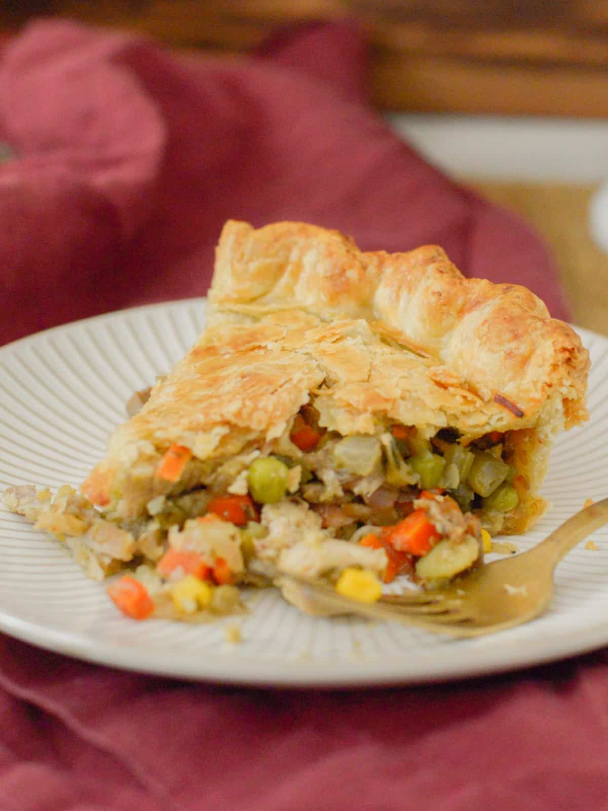 slice of turkey pot pie on a plate