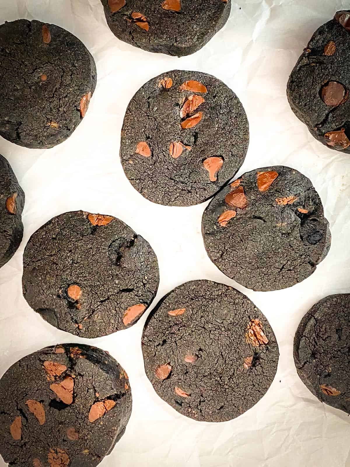 baking sheet of chocolate shortbread cookies