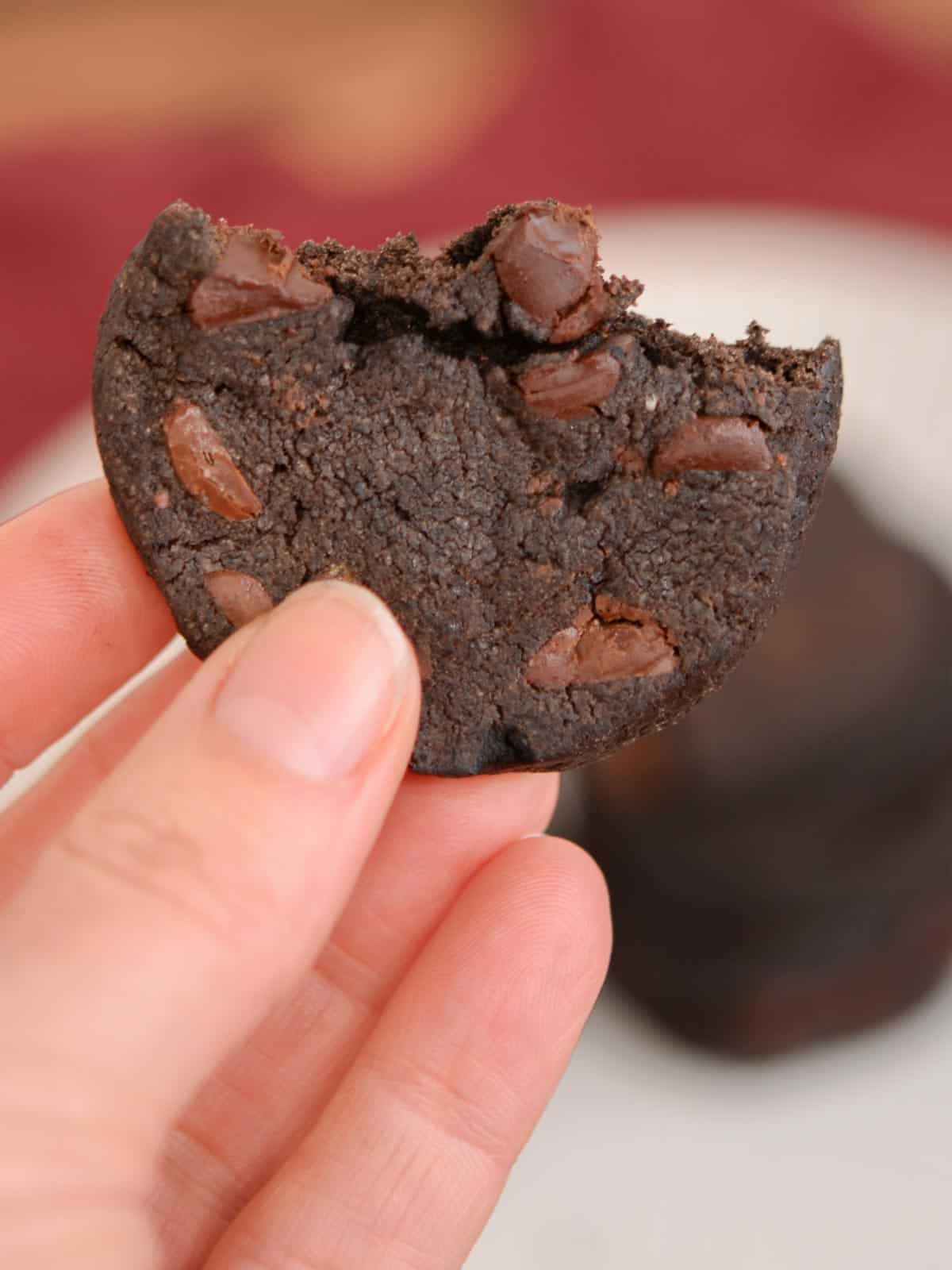 double chocolate shortbread cookies with a bit taken out