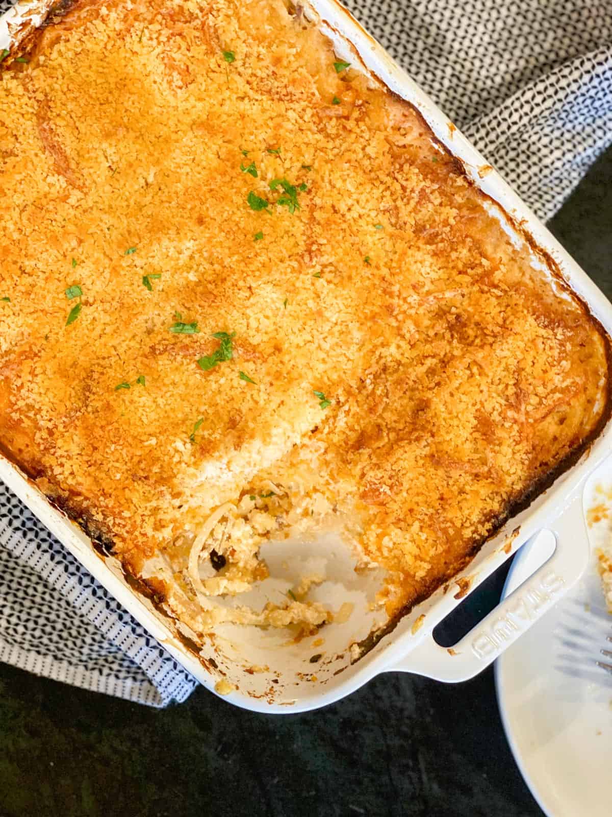 baked cheesy potato casserole with crispy breadcrumbs