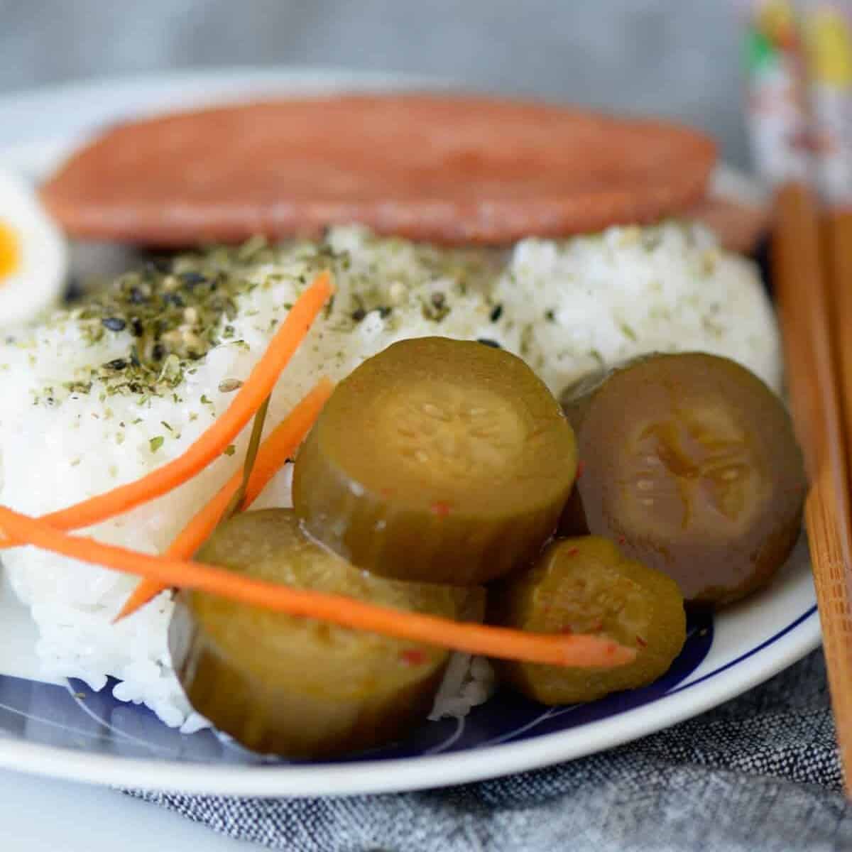 kimchi pickles served with rice an eggs