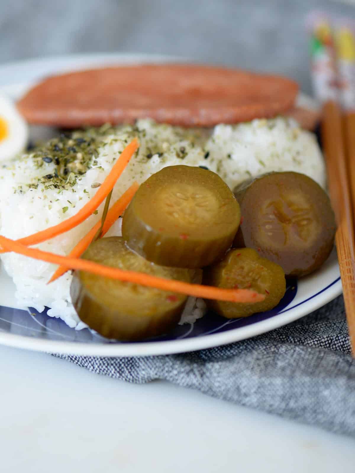 kimchi pickles served with rice an eggs