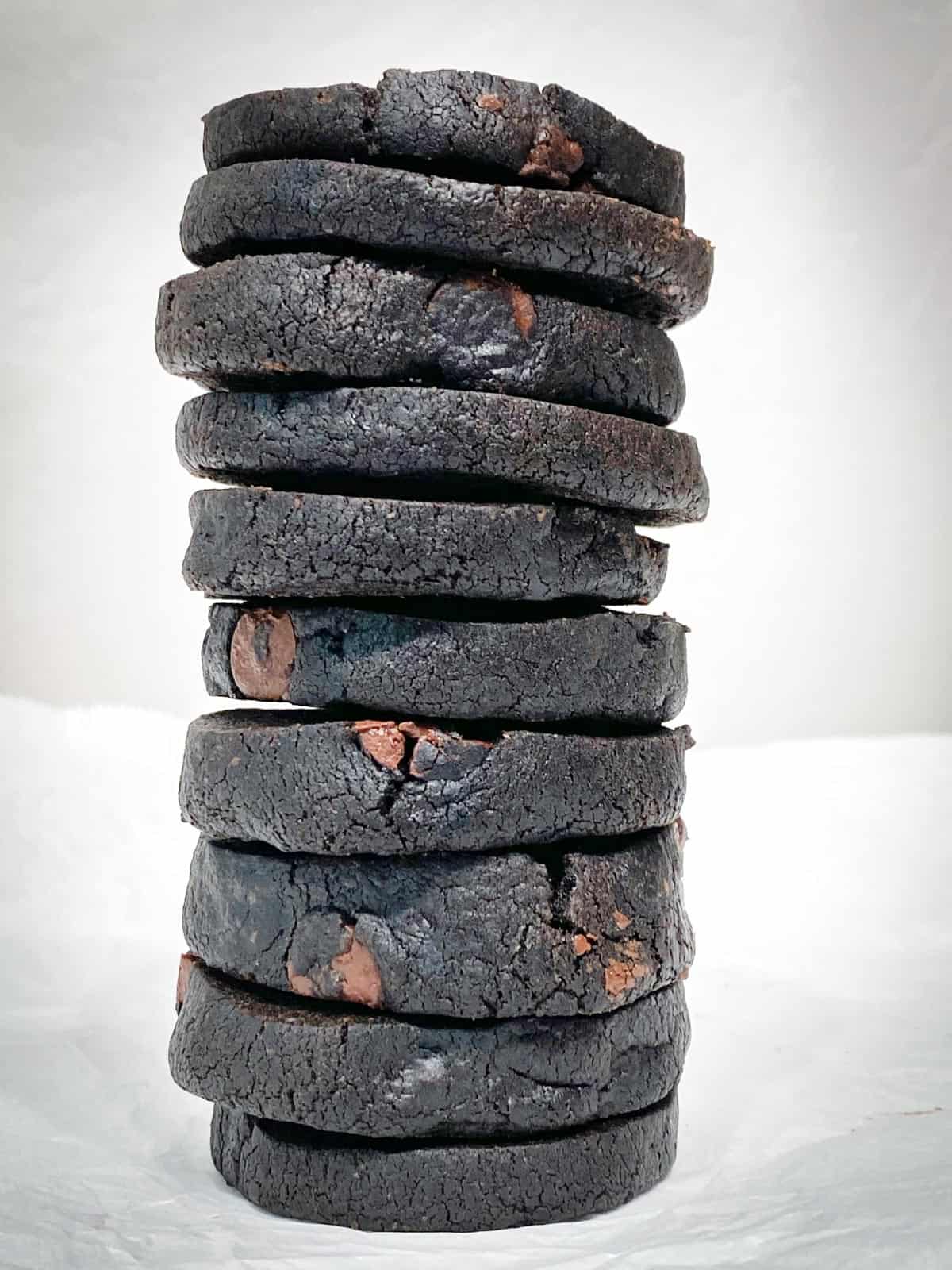 a stack of chunky chocolate shortbread cookies