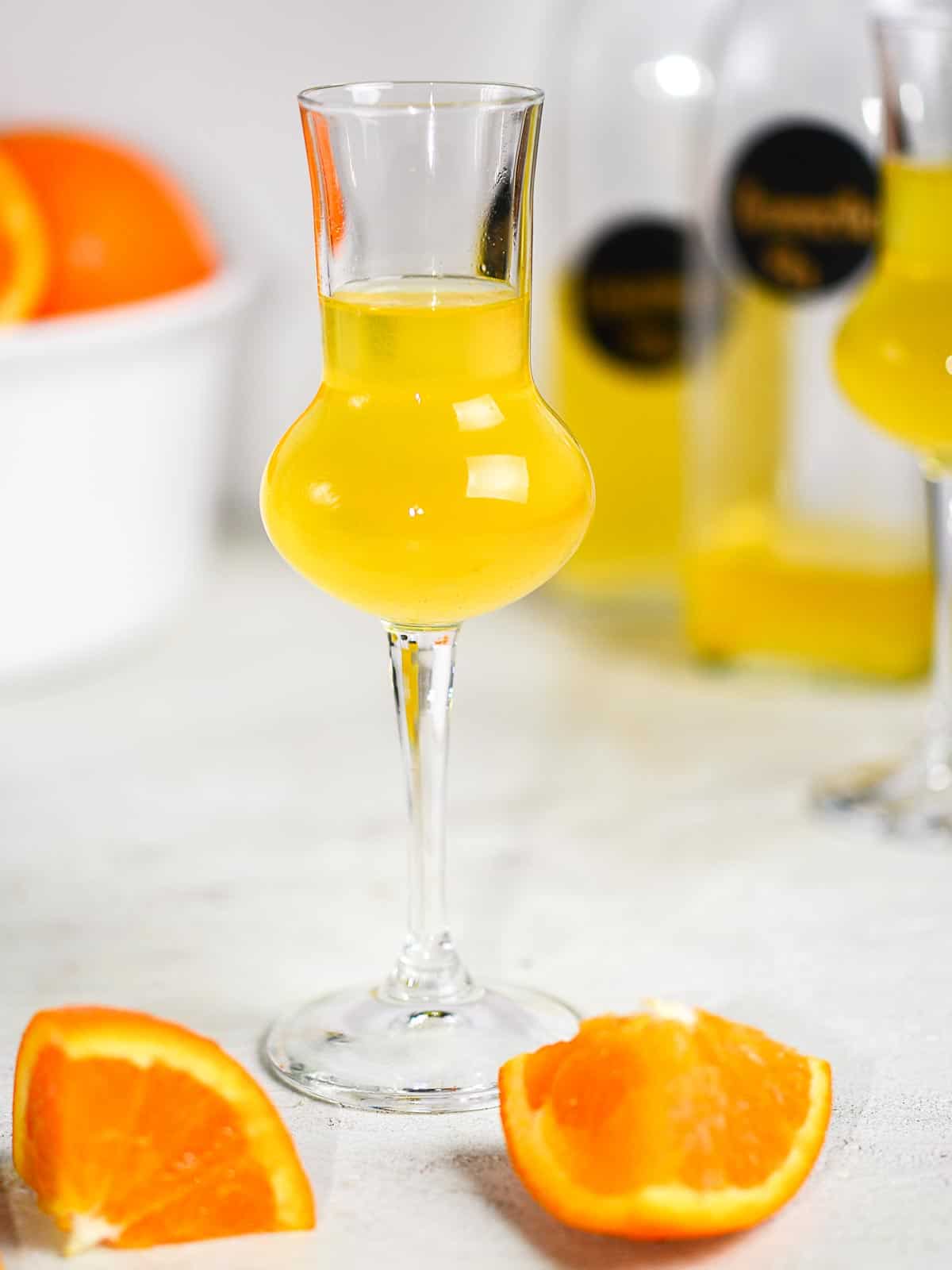 homemade orangecello in a grappa glass