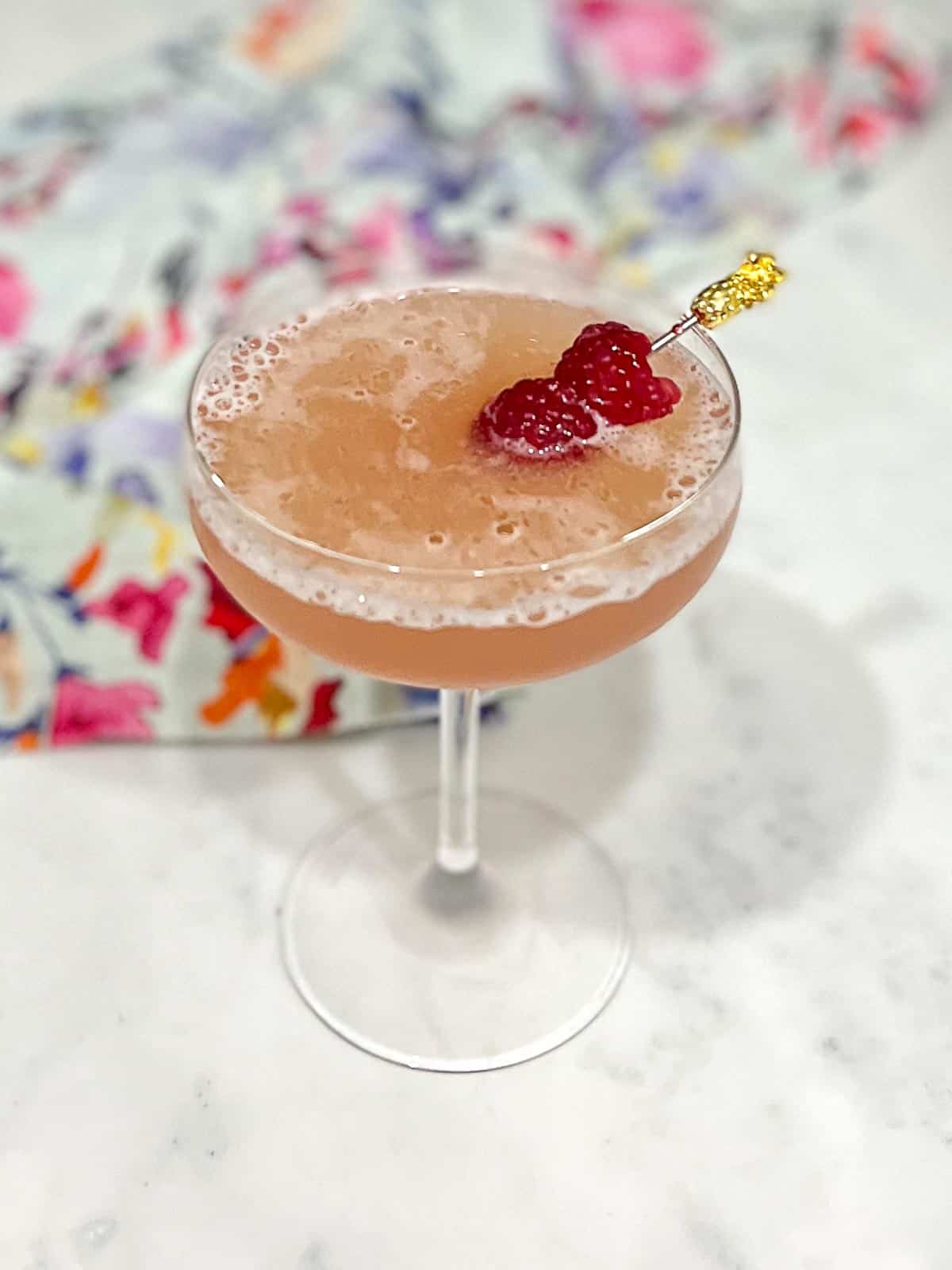 classic french martini in a coupe glass garnished with fresh raspberries