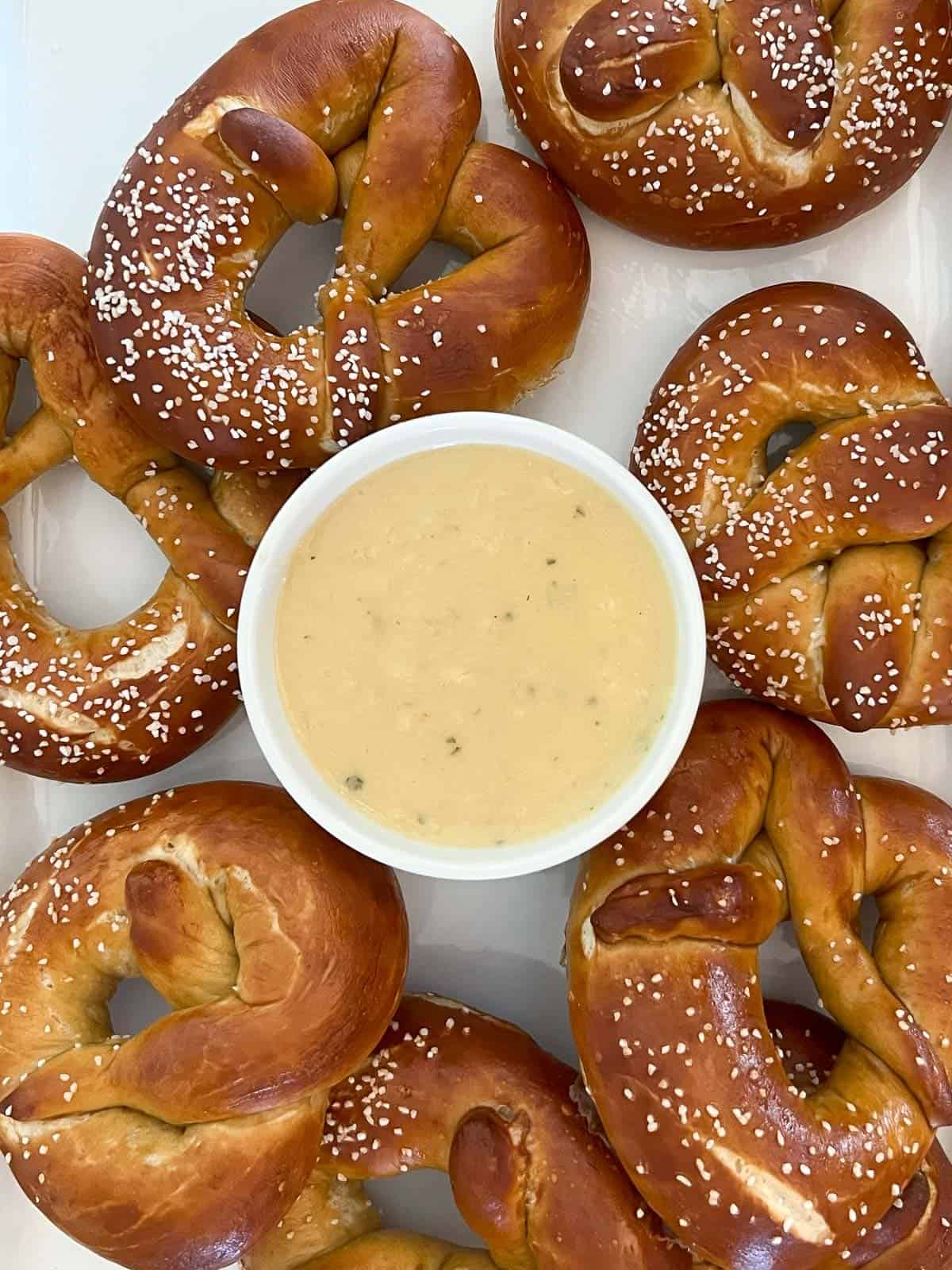 homemade soft pretzel recipe served with beer cheese