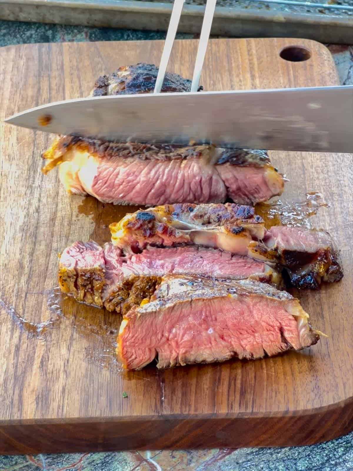 slice the steak with a sharp knife