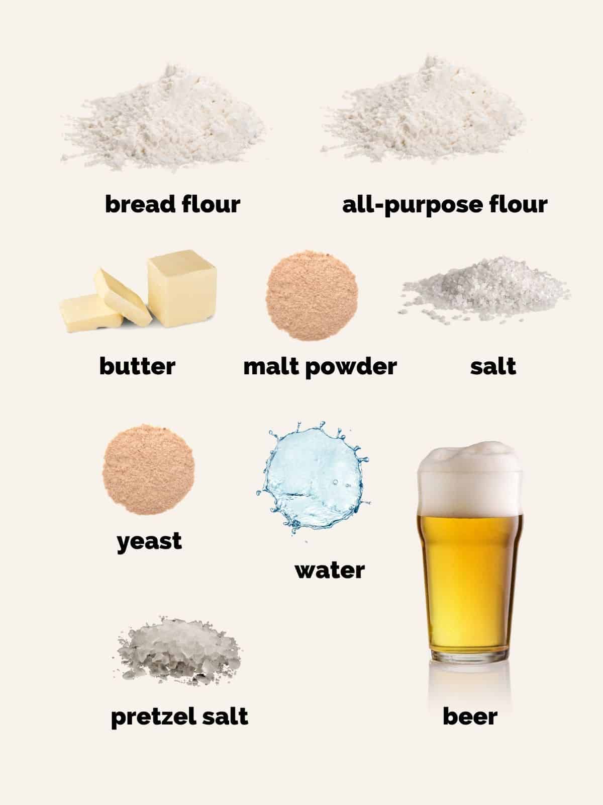 Ingredients for soft bavarian style pretzels