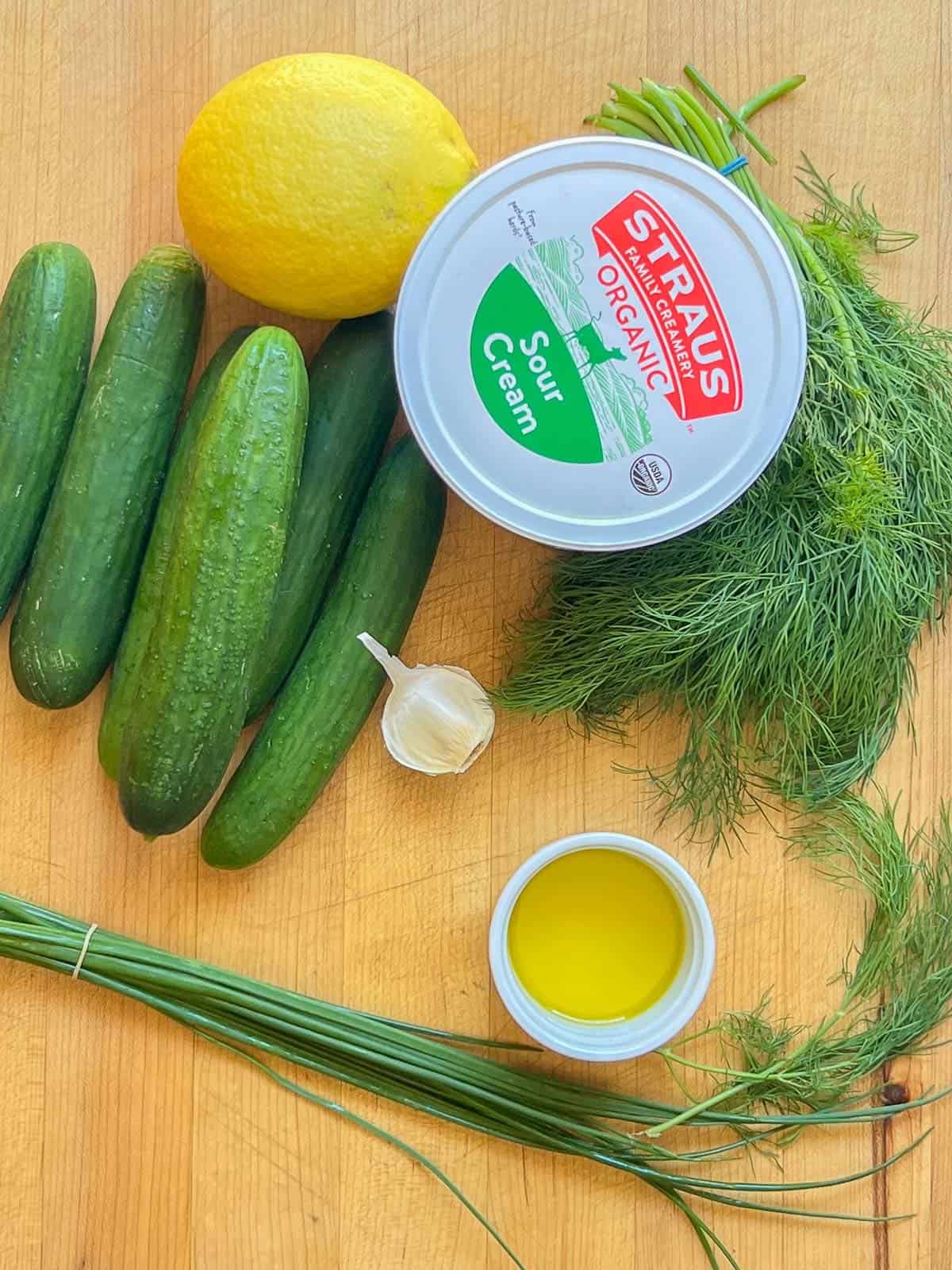 ingredients for cucumber salad with sour cream dressing