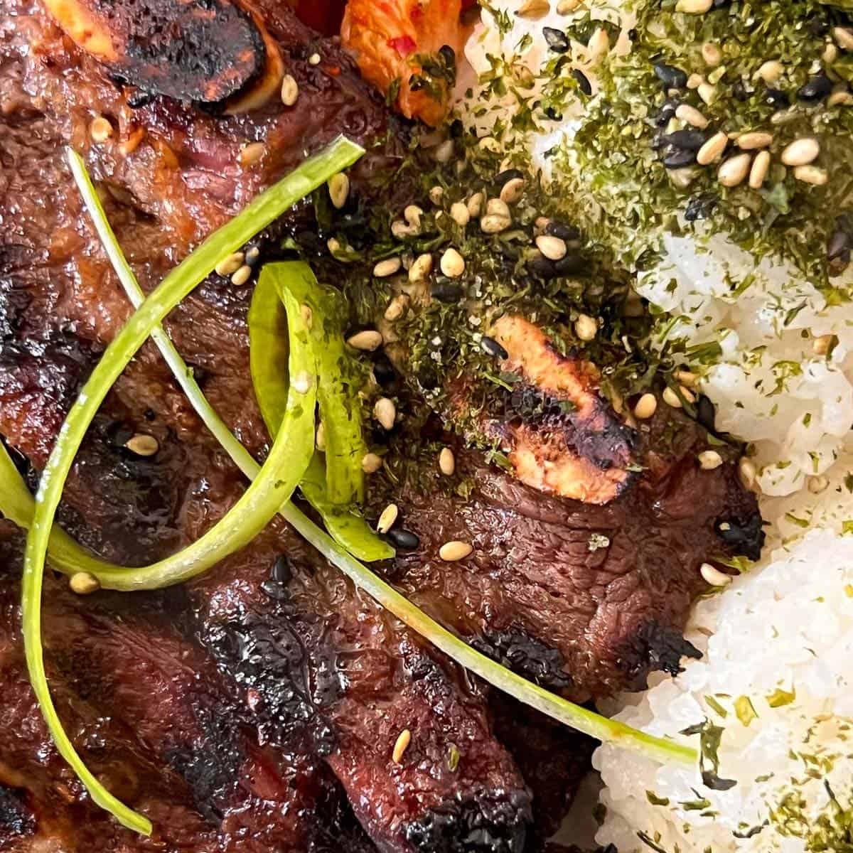 kalbi ribs with Korean marinade served with rice and kimchi