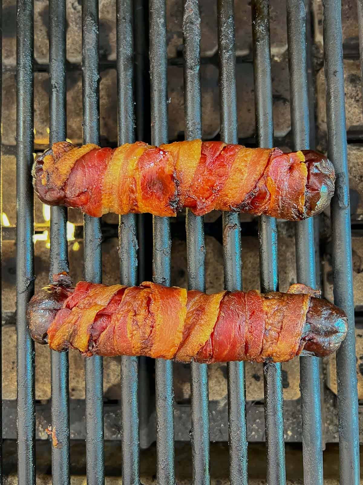 grilled bacon wrapped hot dogs