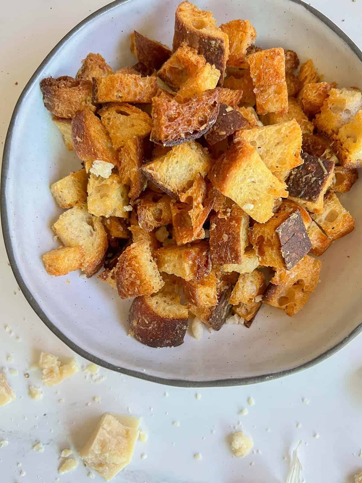 bowl of garlic and cheese croutons