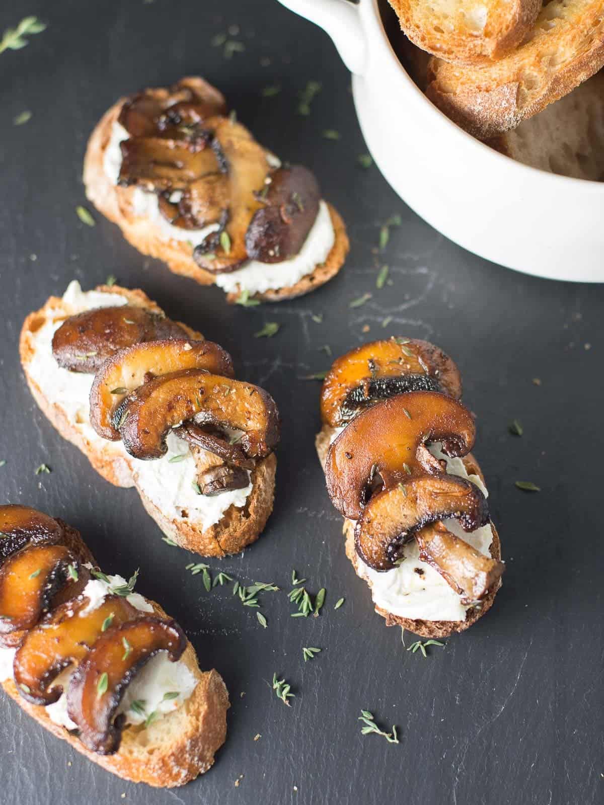 easy mushroom bruschetta with goat cheese spread