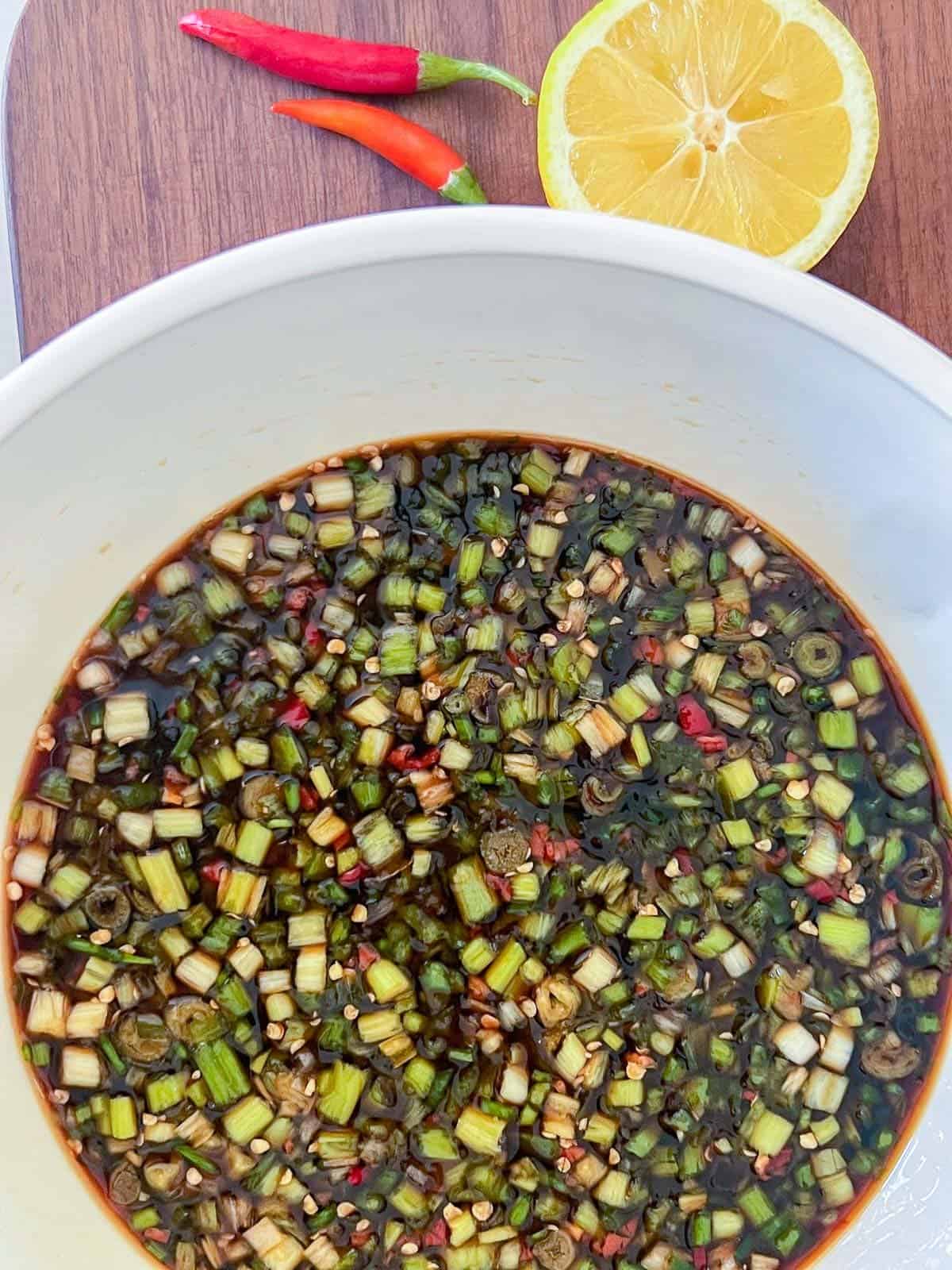 finadene sauce in a white bowl