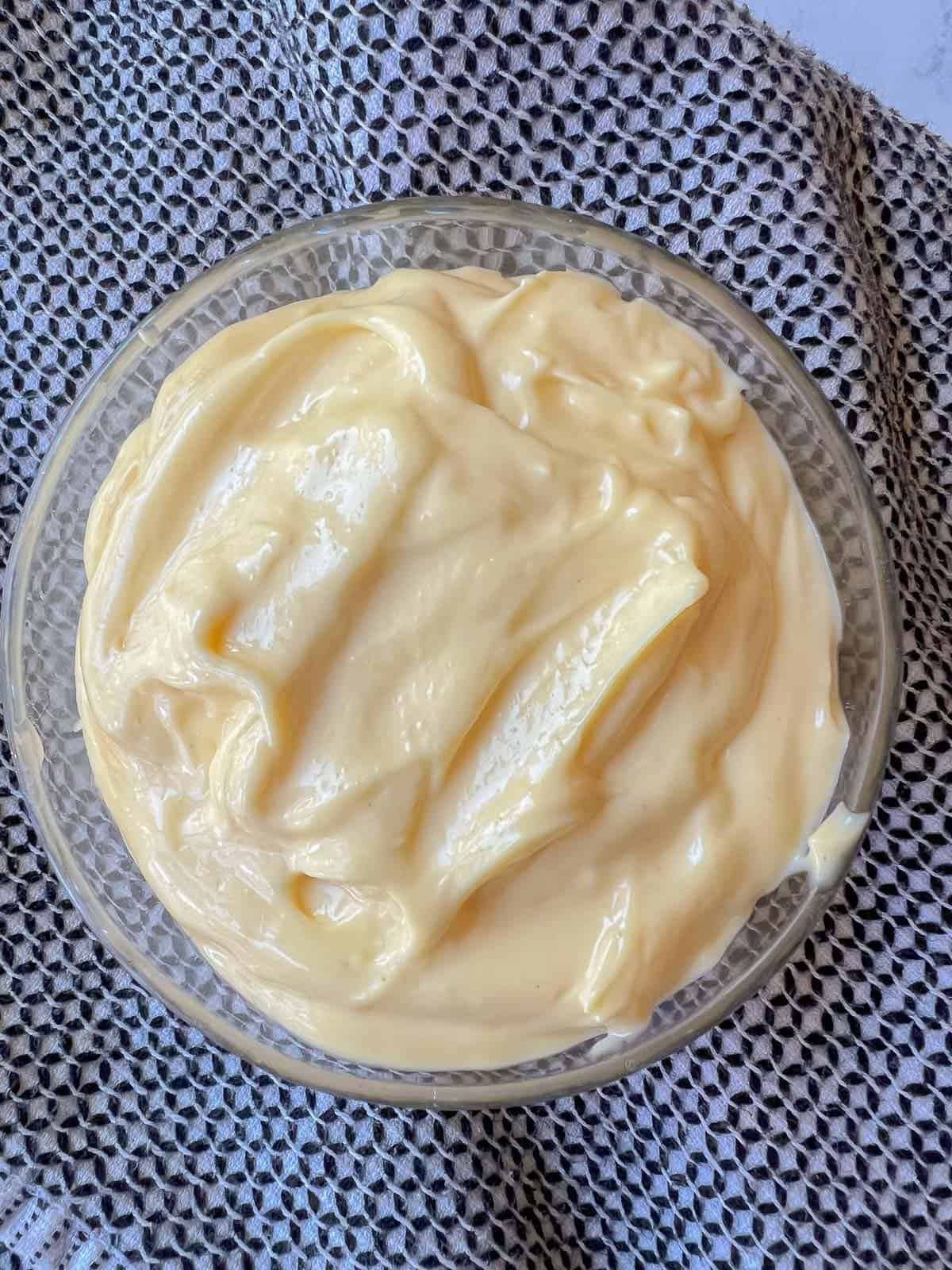 homemade mayo in a glass dish