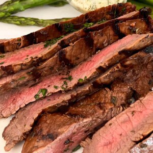 grilled flank steak marinated, grilled, and then sliced
