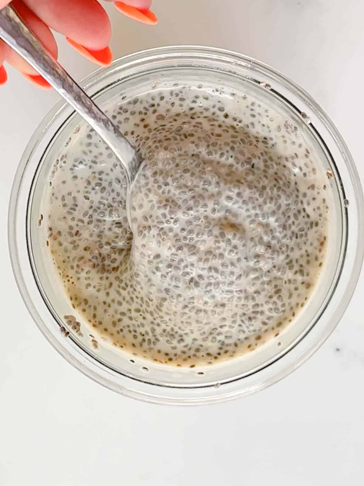 stir the chia pudding mixture one more time after 5 minutes