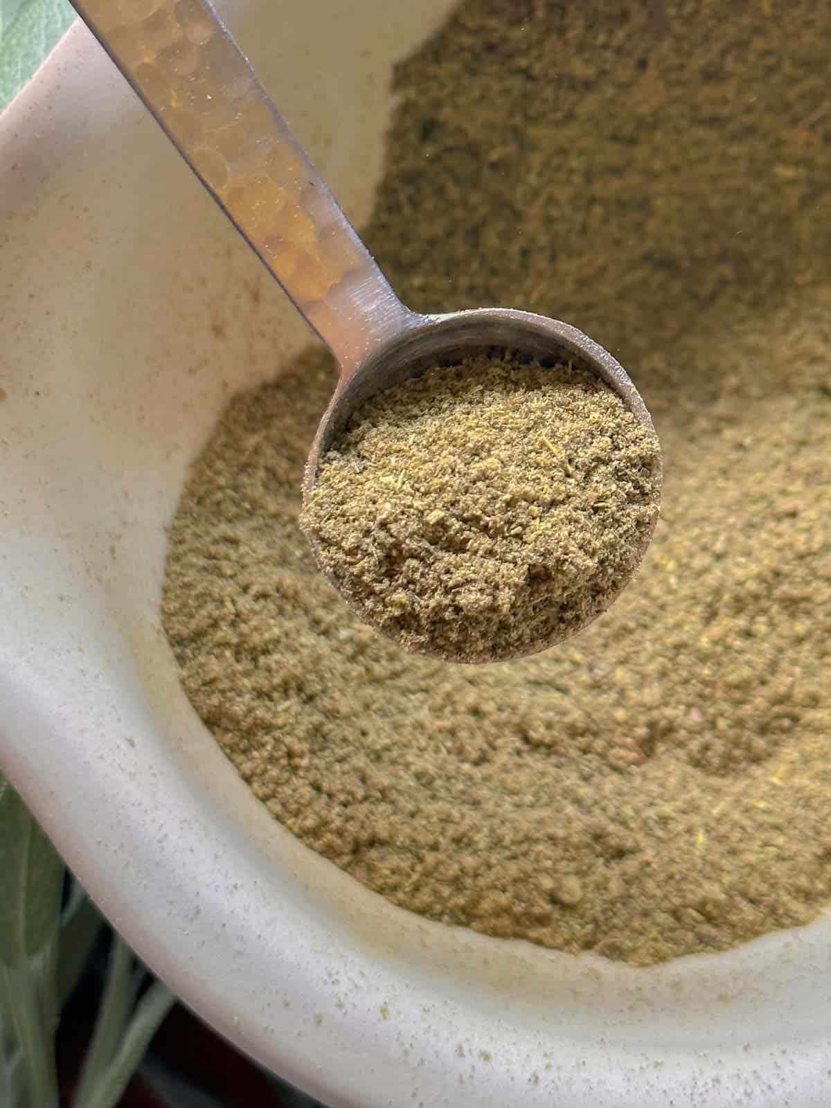 ground poultry seasoning blend on a teaspoon