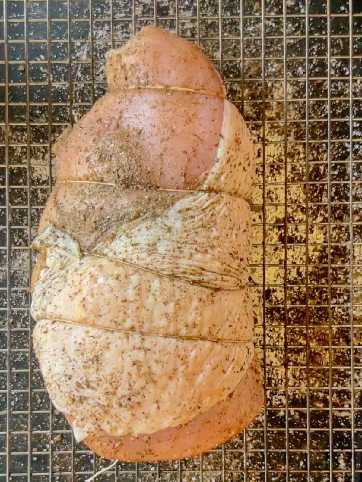 turkey breast tied with butcher's twine before smoking