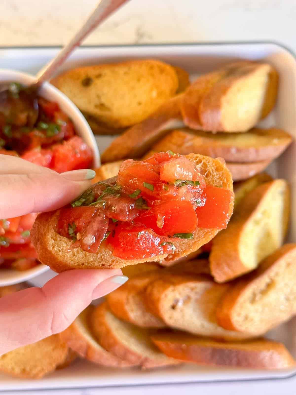 crostini topped with a tomato bruschetta topping
