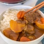 japanese beef curry stew ade with beef carrots and potatoes in a white bowl