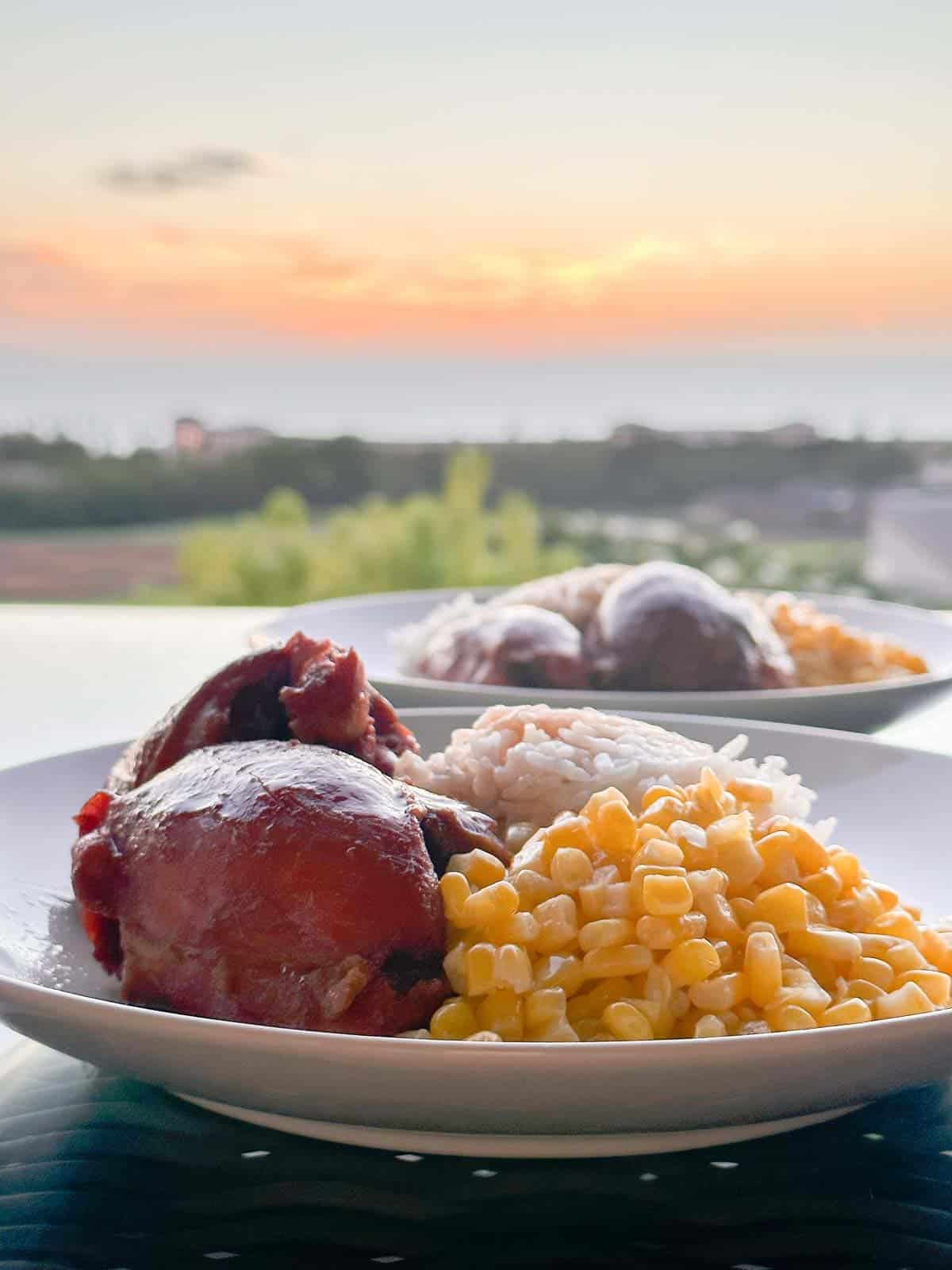 Hawaiian style shoyu chicken seerved with rice and buttered corn