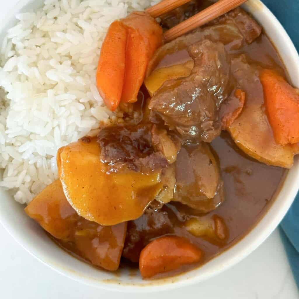 japanese beef curry in a bowl served with steamed white rice