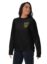 woman wearing black sweatshirt with "cheese is always the secret ingredient"