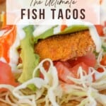 pinterest image with a close up a an air fryer fish taco