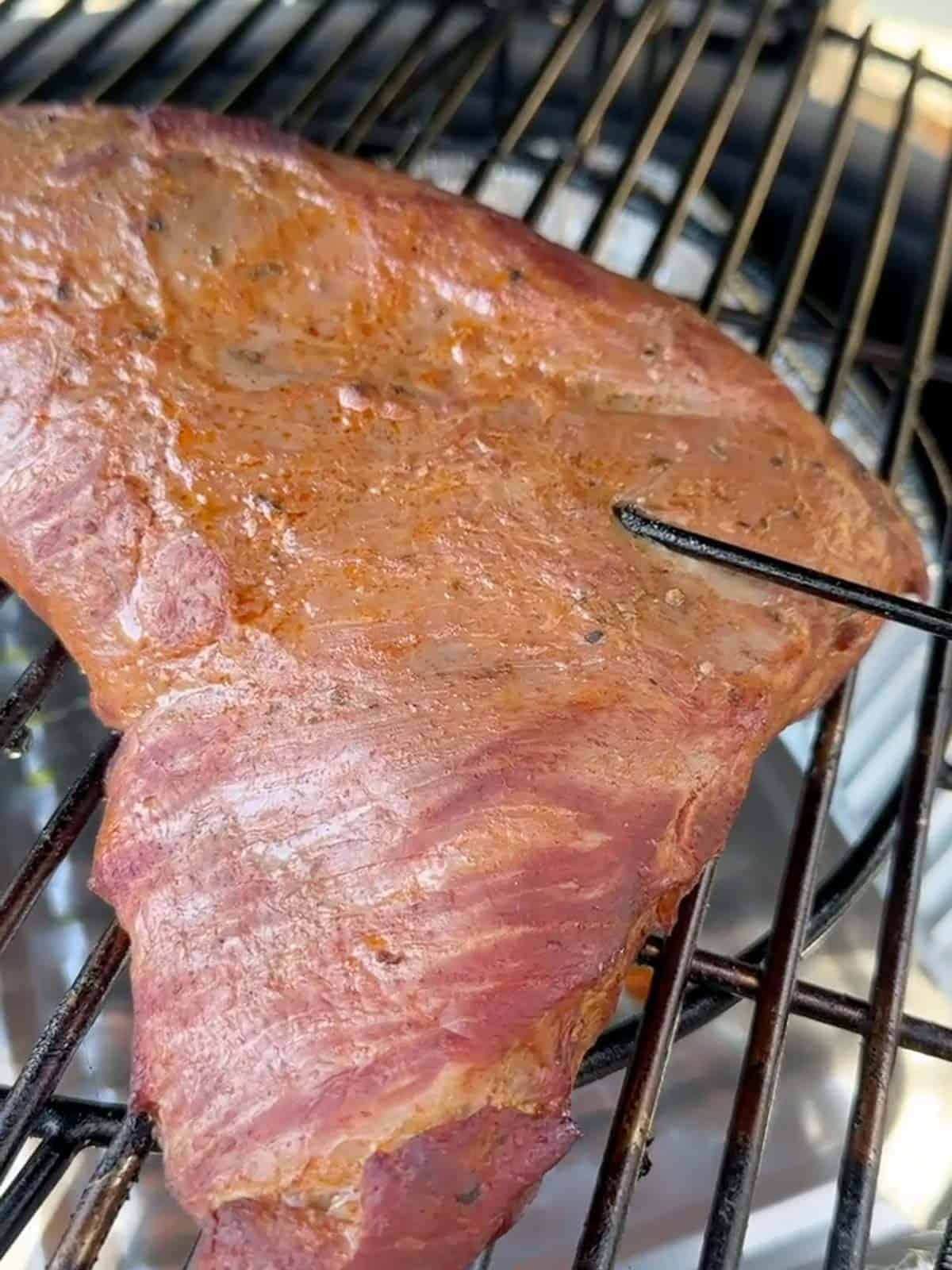 tri tip on the grill with a probe thermometer