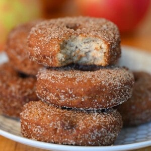 stack of apple cider donuts, top one with a bite out of it