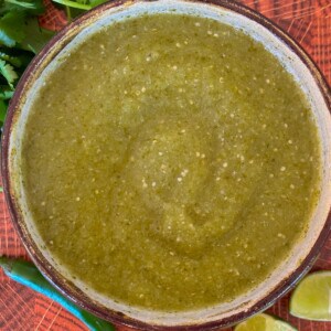 salsa verde in a handmade ceramic bowl