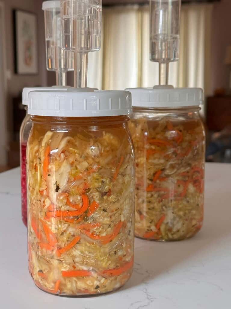 3 mason jars fitted with carrier weights and airlock lids - lacto-fermentation in progress