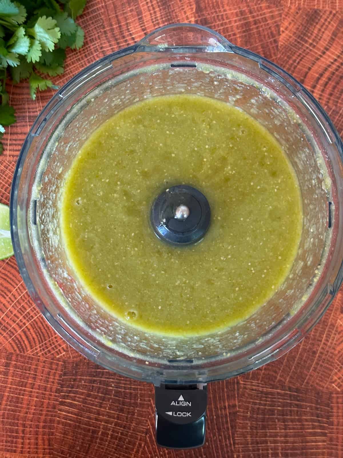 salsa verde in a food processor after blending