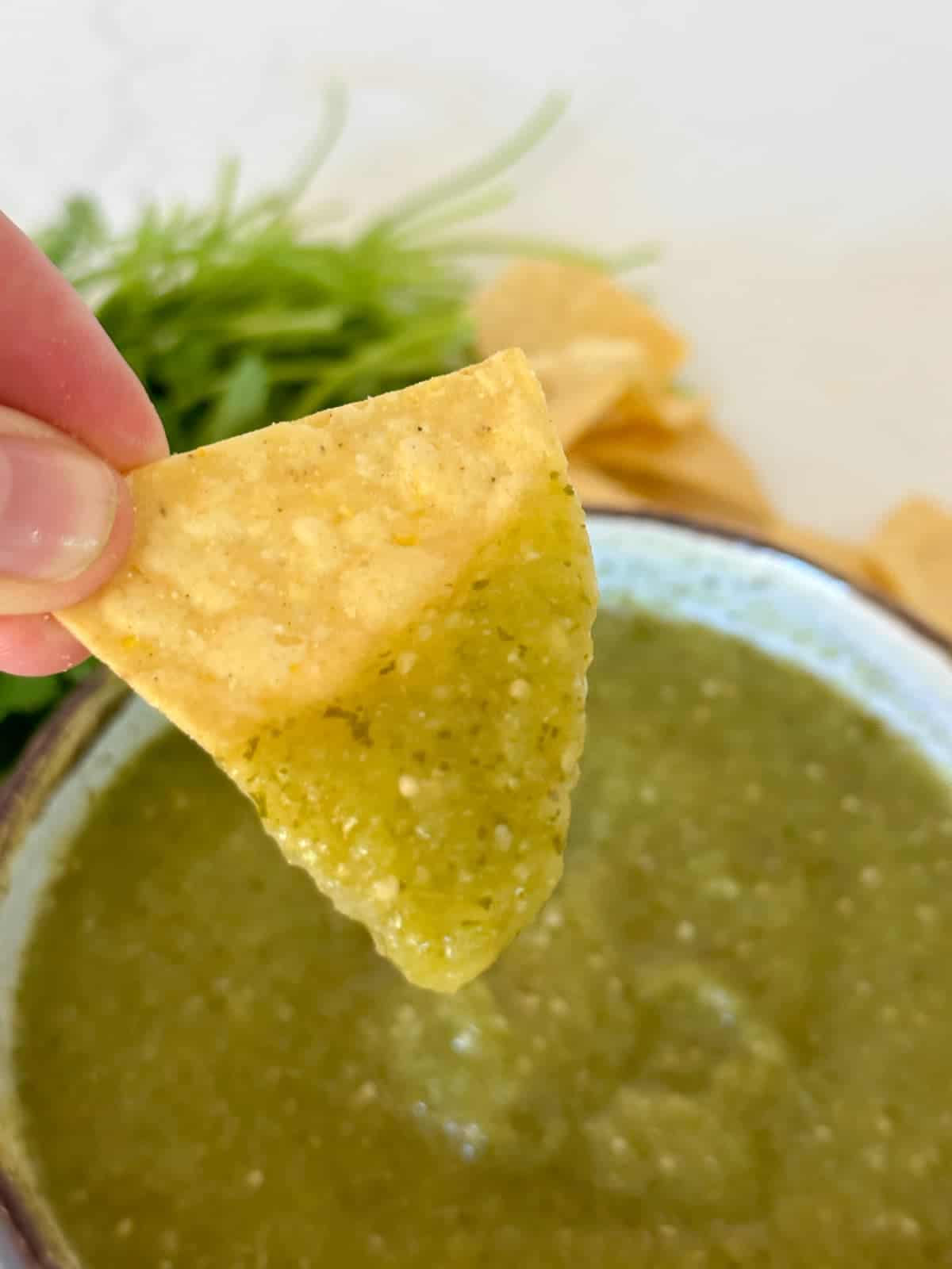 salsa verde on a tortilla chip