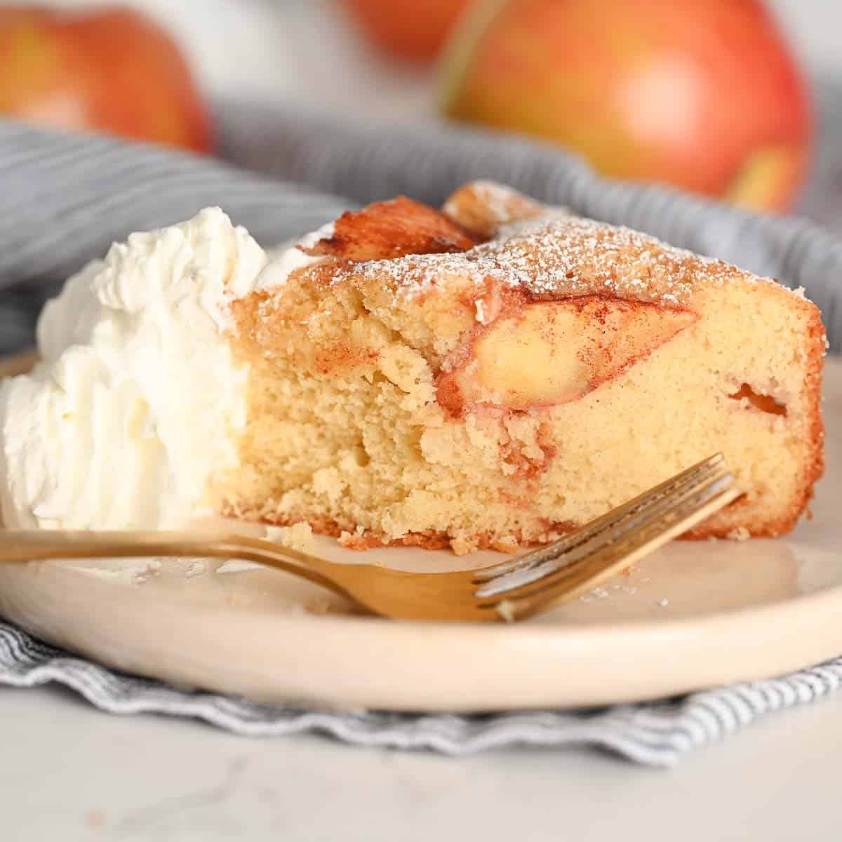 slice of apple cake with whipped cream