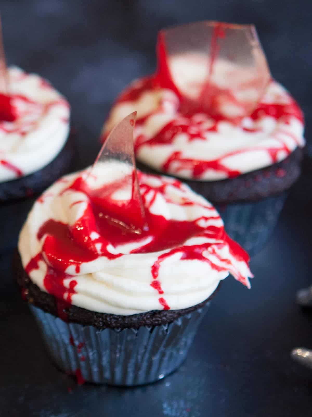 halloween cupcakes with sugar glass shards and edible fake blood