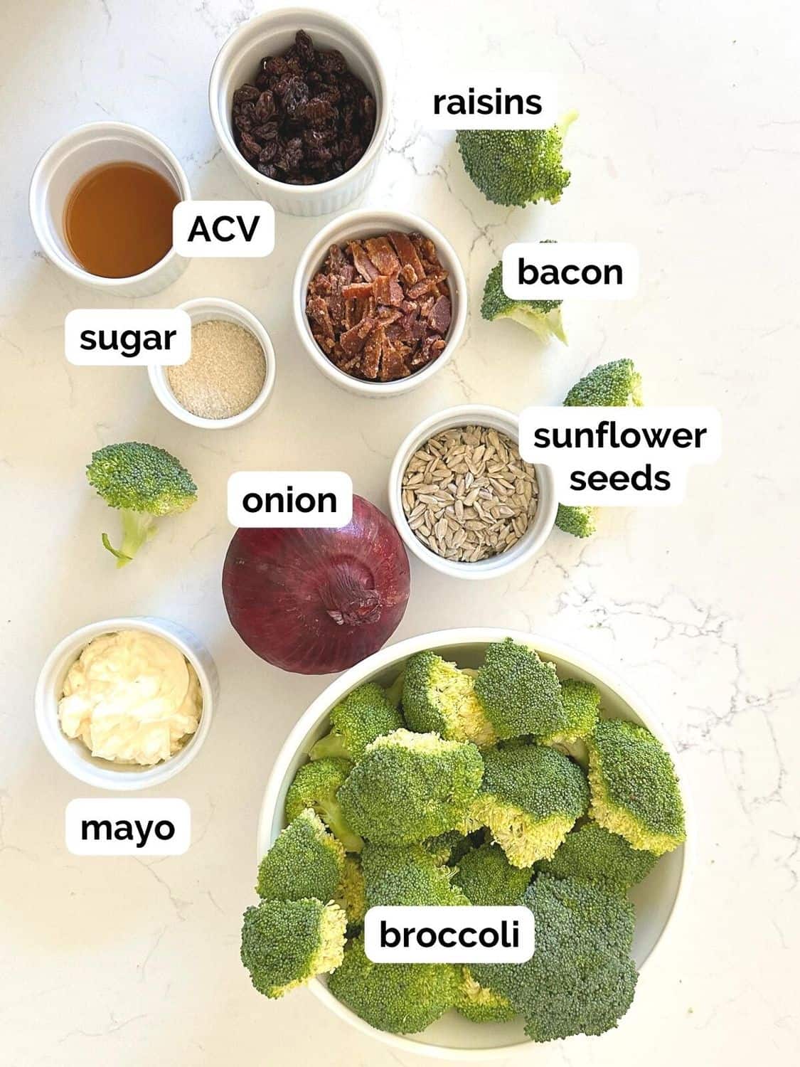 ingredients needed for chopped broccoli salad and broccoli salad dressing