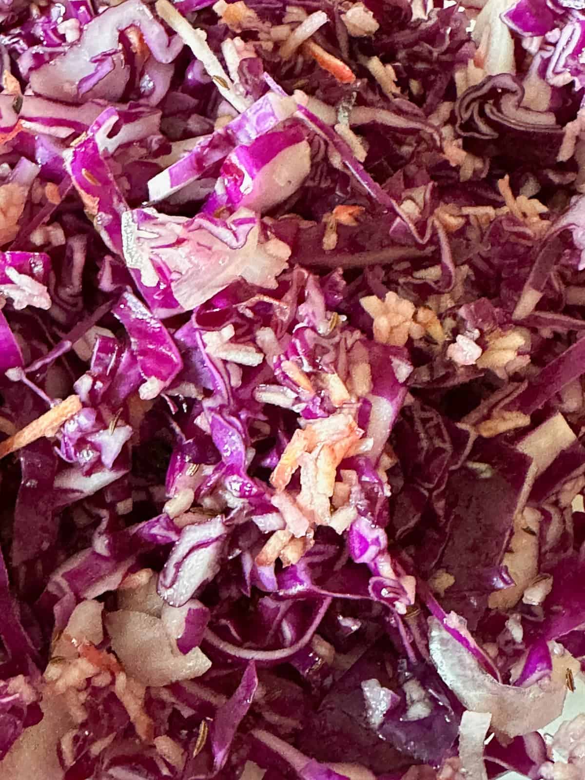 ingredients for red sauerkraut, salted and developing brine. 