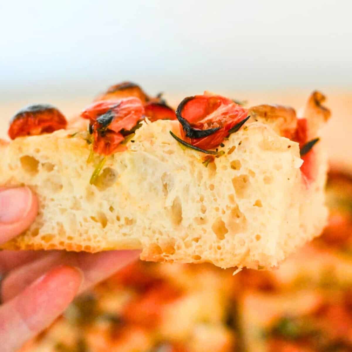 a hand holding a big slice of homemade focaccia bread topped with tomatoes and rosemary